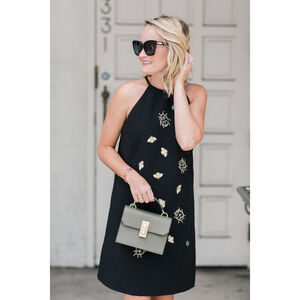 NWT Victoria Beckham M halter DRESS Black embellished gold bug bees appliques